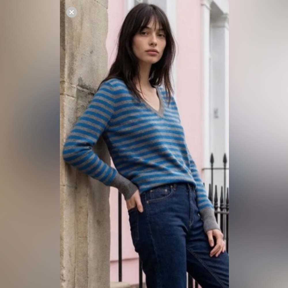 Max Mara Striped V-Neck Cotton Cashmere Sweater Retail $268 GUC